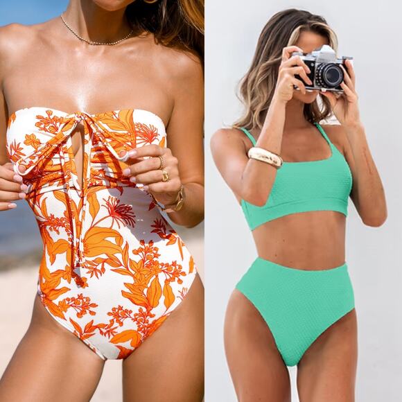 NWT Cupshe Swimsuit Bikini Top & High-Rise Bottoms - Plunging Halter BUNDLE Sz S - Picture 1 of 11